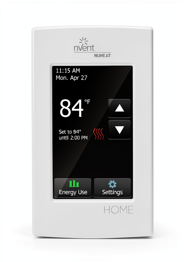 Nuheat thermostat displaying touchscreen interface on a wall